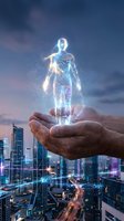 Hands holding glowing holographic human figure with digital light effects above futuristic city skyline at dusk, representing innovation, technology, and digital transformation for business solutions.
