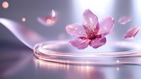 Pink cherry blossom floating on water surface with falling petals in soft dreamy light. Gentle ripples create serene zen atmosphere for wellness and spa designs.