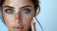 Young woman with natural freckles, bright blue eyes and glowing skin in soft light close-up portrait. Gentle beauty concept for skincare and cosmetics.