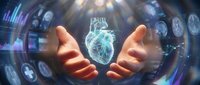 Hands holding glowing digital heart with holographic medical scans and data visualization, representing healthcare technology, cardiology research, and digital medicine innovation.