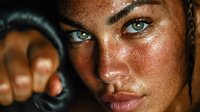 Young mixed-race woman with striking blue eyes and freckled skin pointing finger at camera in dramatic lighting for advertising and marketing campaigns.