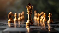 Golden chess queen piece standing tall on reflective board with blurred chess pieces in background, dramatic lighting creates strategic atmosphere.