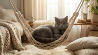 Gray tabby cat relaxing in a cozy macramé hammock surrounded by cushions, blankets, and natural sunlight from window, perfect for pet care and home comfort content.