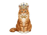 Regal orange tabby cat wearing ornate golden crown with jewels and bow tie, isolated on white background for design, clipart, and merchandise applications.