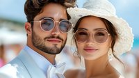 Young couple wearing sunglasses and summer hat enjoying beach vacation together on sunny day with ocean backdrop and blurred resort background.