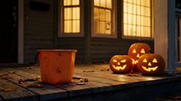 Halloween porch scene with glowing jack-o-lanterns and trick-or-treat bucket on wooden deck at twilight for seasonal decorating and holiday marketing.