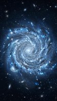 Spiral galaxy with luminous blue and white stars swirling around a bright central core, surrounded by distant galaxies and cosmic dust clouds in deep space.
