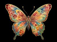 Ornate butterfly with colorful Asian-inspired patterns, gold details, and floral motifs, isolated on transparent background. For t-shirts, stickers, sublimation, clipart, print on demand.