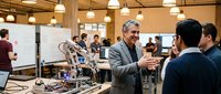 Mature male professional in business casual attire demonstrates robotic arm technology to diverse group of colleagues in modern workshop with industrial ceiling and pendant lighting during tech presentation or training session.
