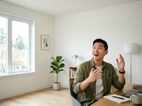 Young Asian man in olive green casual shirt sitting at wooden desk in bright, minimalist home office space with potted plant, window, and bookshelf, gesturing while speaking or presenting ideas.