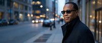Mature African American man wearing dark sunglasses and black coat standing on urban street at dusk with city lights and buildings in background, suitable for business, lifestyle, and professional concepts.