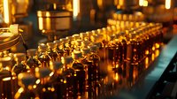 Rows of amber glass bottles illuminated by warm lighting create atmospheric bar display, highlighting liquid contents with golden glow against dark background.