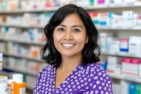 Asian female pharmacist wearing purple floral scrubs smiles warmly while working in modern pharmacy, shelves of medications visible in background, professional healthcare setting.