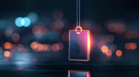 Glowing neon ID card badge hanging against blurred city lights background with reflection on wet surface, creating modern cyberpunk atmosphere.