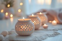 Glowing ceramic candle holders with intricate lattice pattern create cozy atmosphere on white textile, soft bokeh lights in background for spa and wellness.