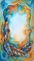 Watercolor feather frame with vibrant blue orange gradients and tribal patterns creating decorative border for text or design projects.