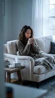 Woman with long dark wavy hair, Caucasian ethnicity, sitting on light gray sofa holding warm beverage in cozy living room with natural window light and blanket for relaxation and wellness.