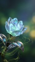 Crystal glass flower with water droplets on petals and leaves against blurred natural background for luxury decoration and artistic design projects.