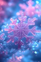 Sparkling pink snowflake crystal with glitter effect against blurred blue and purple bokeh background creates magical winter atmosphere.