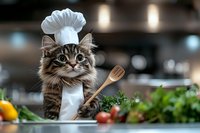 Funny Maine Coon cat in chef hat holding wooden spoon in kitchen with fresh vegetables and herbs, cooking concept for pet food and culinary humor.