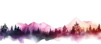 Misty mountain landscape with pine forest silhouettes against pink and purple watercolor sky, creating dreamy atmospheric scene for nature-inspired designs.
