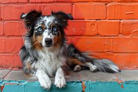 Australian shepherd dog with blue eyes lying on turquoise ledge against orange brick wall background, displaying distinctive merle coat pattern and alert expression.