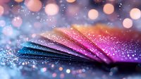 Magical glittery surface with vibrant pink, purple and blue gradient colors creating abstract layers with bokeh effect and sparkling particles in soft focus.