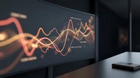 Modern computer monitor displaying glowing orange data visualization charts and analytics graphs in dark office environment for business presentations.
