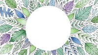 Watercolor botanical frame with tropical leaves in green, blue and purple tones surrounding white circle space for text or logo on transparent background.