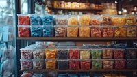 Colorful assortment of packaged snacks and candies displayed in clear containers on retail store shelves, organized by color and type with warm ambient lighting.
