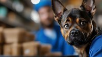 Small black and tan dog wearing blue vest sitting next to delivery worker in warehouse with cardboard boxes, representing service animal, logistics support, and workplace safety.