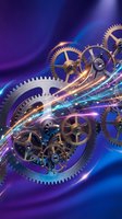 Mechanical gears and clockwork mechanism with glowing energy streams on vibrant purple and blue gradient background for technology and innovation concepts.