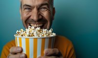 Excited middle-aged man with broad smile holding striped bucket of popcorn against turquoise background. Entertainment and movie night concept for cinema advertising.