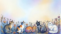 Watercolor cats sitting in row with floral border on pastel gradient background for greeting cards and pet-themed designs.