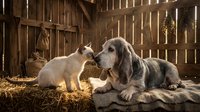Young white kitten touching noses with senior gray dog in rustic barn setting with golden hay and wooden fence background, depicting interspecies friendship and animal bonding.
