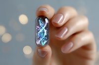 Glowing DNA helix molecule inside transparent capsule held between manicured fingers against blurred bokeh background, concept of genetic medicine and biotechnology.