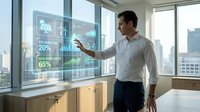 Professional businessman interacting with futuristic holographic interface displaying data analytics and statistics in modern office environment.