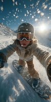 Snowboarder taking selfie while riding down snowy mountain slope with sun flare and snow particles in air against blue sky background.
