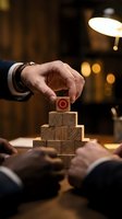 Businessman placing wooden block with target symbol on pyramid stack representing goal achievement and strategic planning in corporate office environment.