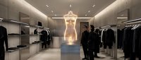 Modern luxury fashion retail store interior with illuminated mannequin display and clothing racks in minimalist design for commercial shopping concepts.