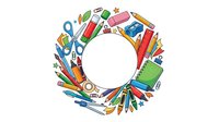 Colorful school supplies arranged in circular frame with white center space, featuring pencils, scissors, markers, notebooks, and educational items for back-to-school designs.
