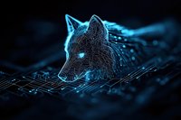 Digital wolf head emerging from circuit patterns glowing in neon blue light against dark background, representing artificial intelligence and technology fusion.
