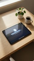 Tablet on wooden desk showing file download progress bar, with coffee cup and green plant, modern minimalist home office workspace setup.