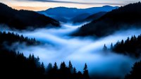 Mystical morning fog flows through mountain valley at sunrise, creating ethereal atmosphere with silhouetted pine forest and layered blue ridges in distance.