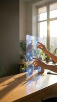 Woman with medium skin tone interacting with holographic display showing digital data visualization and network connections at wooden desk near bright window, suitable for technology, innovation, and future workspace concepts.