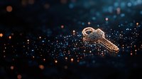 Golden vintage key floating in dark space with magical glowing particles and bokeh lights creating mysterious atmosphere. Concept of success and opportunity.