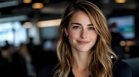 Professional young Caucasian businesswoman with blonde hair smiling confidently in modern office environment for corporate marketing materials.
