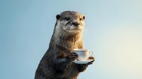 Cute otter standing upright and holding a delicate tea cup on a soft blue background, charming animal concept for greeting cards and prints.