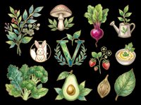 Watercolor vegan clipart set with vegetables, fruits, mushroom, rabbit, and plants, isolated on transparent background. Great for stickers, t-shirt design, and print on demand.