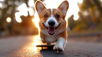 Happy Pembroke Welsh Corgi puppy running towards camera at sunset with golden bokeh background, showing characteristic smile and short legs while playing outdoors.